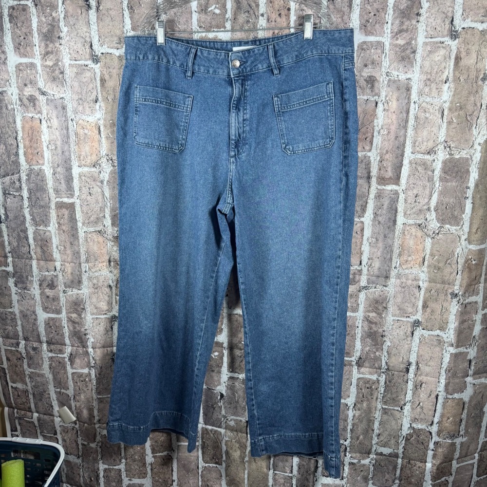 Liz Claiborne Wide Leg Jeans Women 18 Blue Denim Patch Pocket High Rise Stretch